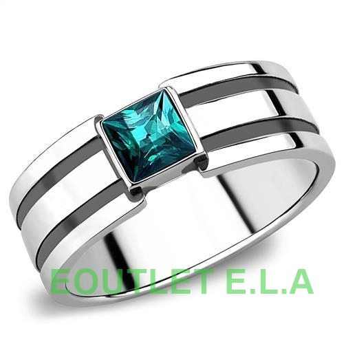 GREENISH BLUE CRYSTAL SOLID STAINLESS STEEL MENS RING-size 13